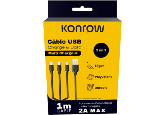 Cable Data 3 en 1 - 1Mètre - Konrow
