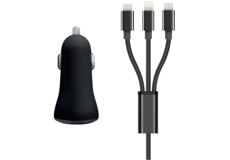 Pack Chargeur Allume Cigare 3,4A + Cable 3 en 1 Nylon